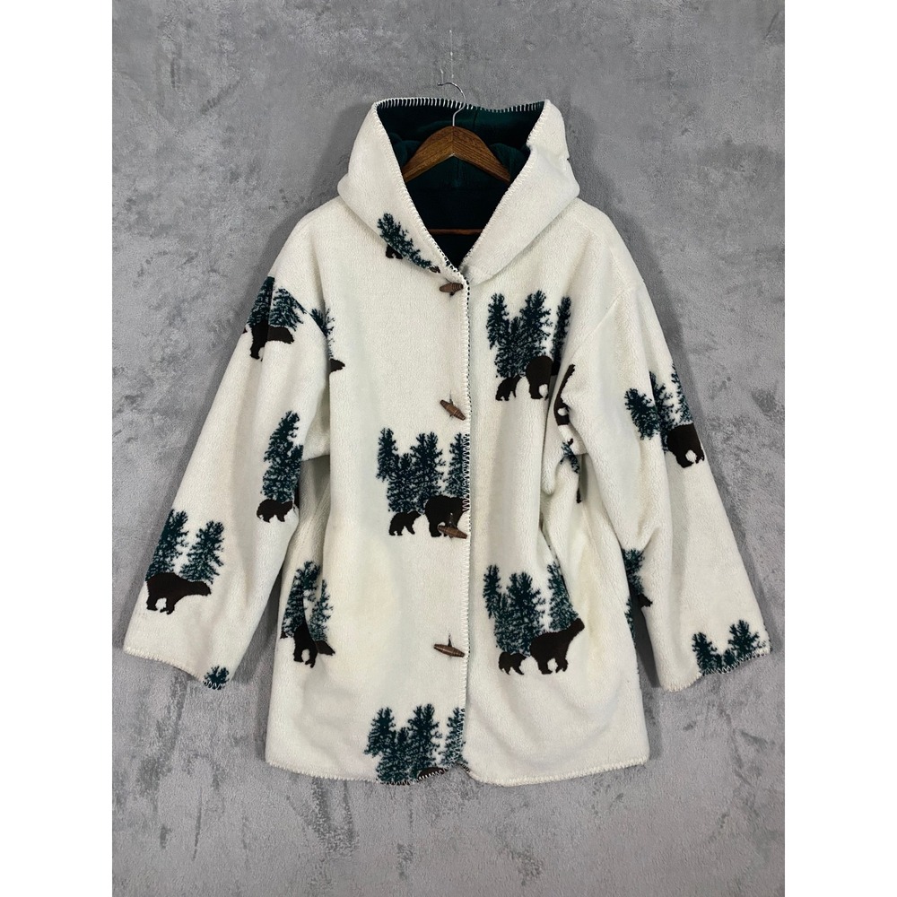 Denali Jacket Sz S Green White Bear Pine Tree Reversible Fleece Hooded Soft Cozy